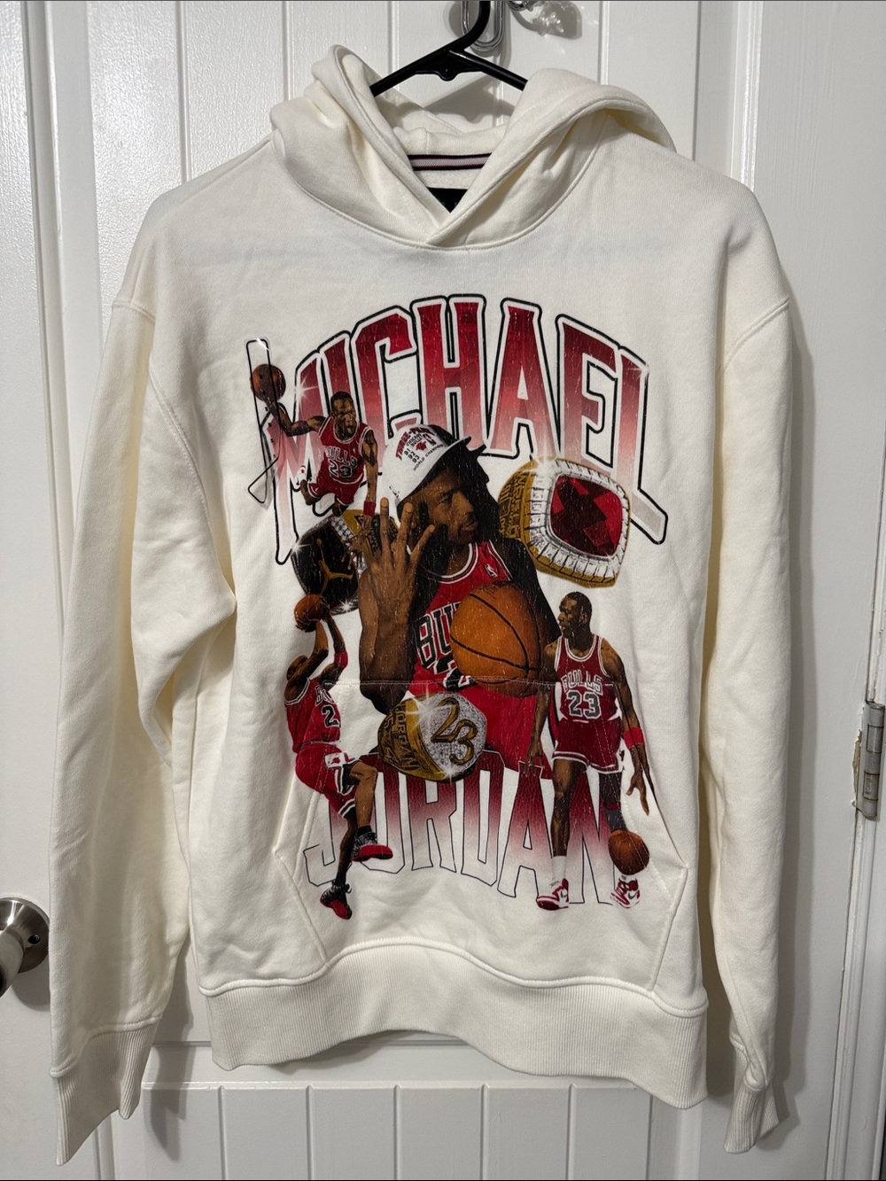 Jordan Cream Crewneck Hoodie with Red Michael Jordan Graphic